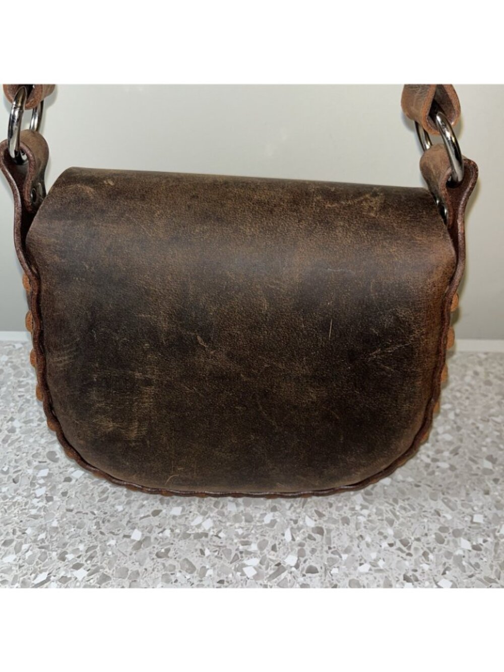 Brown Leather Handbag Purse Structured Whipstitch Swing Lock Steampunk FLAW READ - Picture 7 of 8